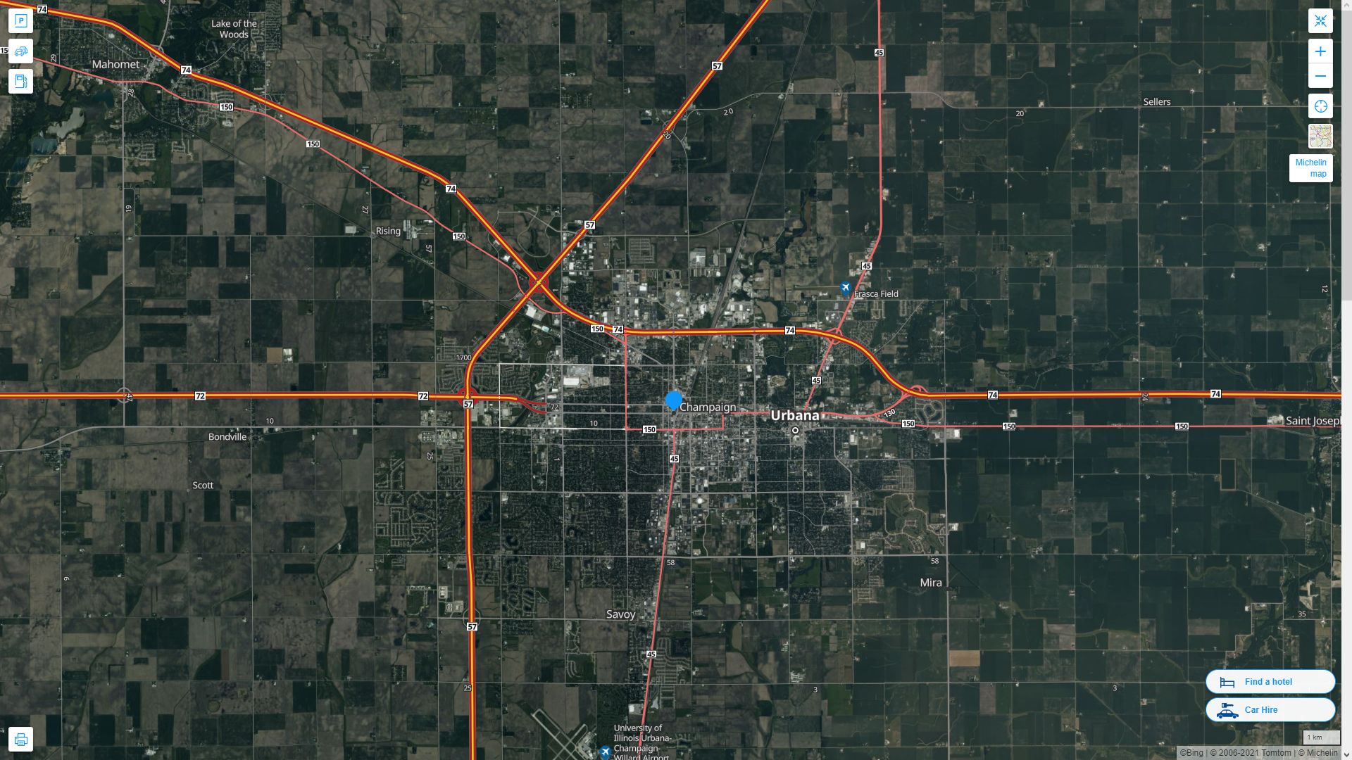 Champaign illinois Highway and Road Map with Satellite View